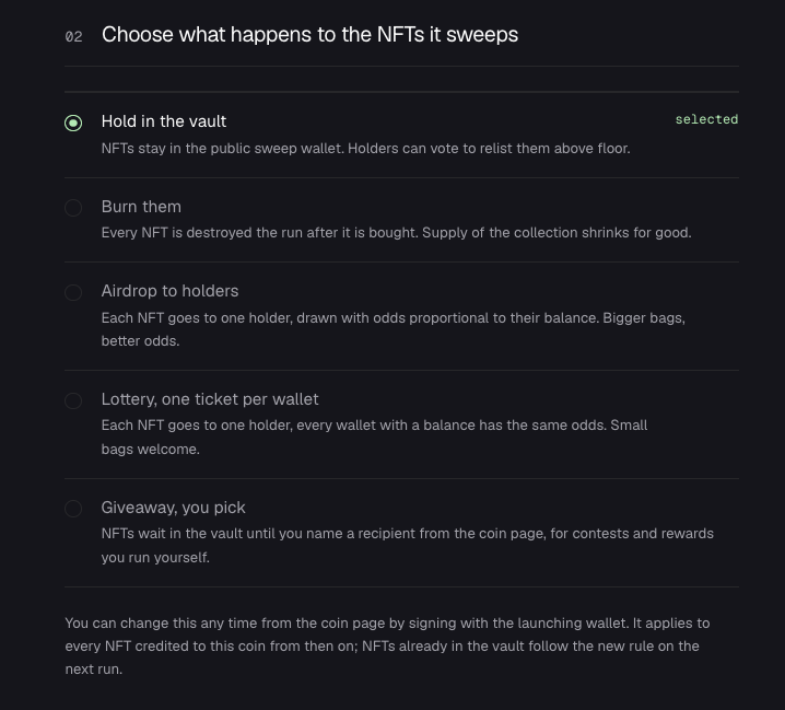 getbiddyfun's tweet photo. New on get biddy: creators now decide what their coin does with the NFTs it sweeps.

hold · burn · airdrop to holders · lottery · giveaway

Pick it at launch, change it any time with a signature. draws are seeded from an on-chain blockhash, so anyone can check the winner.

https://t.co/qBaHdpgNJH