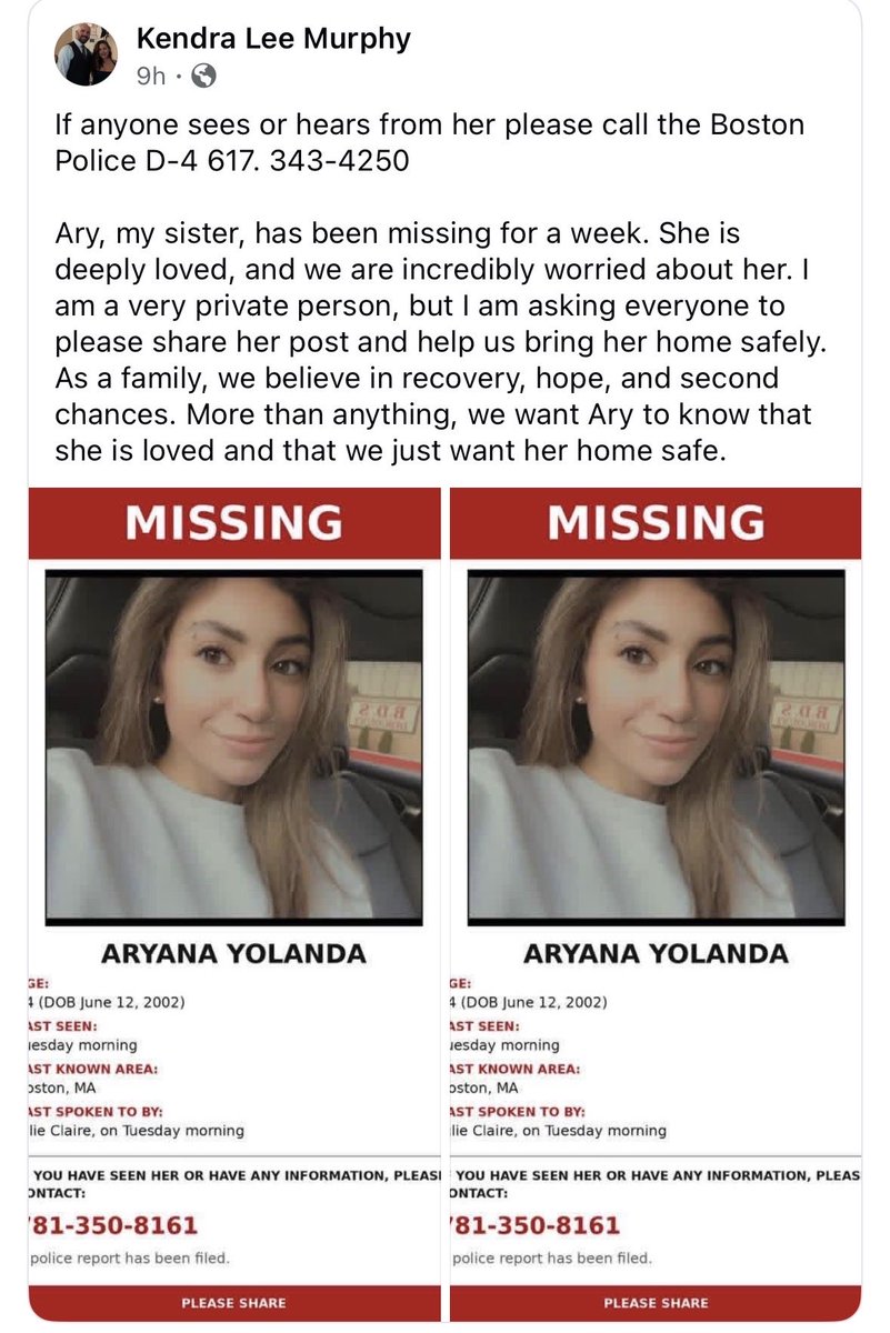 JackMeoff781's tweet photo. ‼️‼️‼️Missing Person ‼️‼️‼️
Please if you have seen her or know anyone in the Boston area please share or contact the Boston or Saugus police.
She has been missing since last week. https://t.co/Yh7fZOdTXa