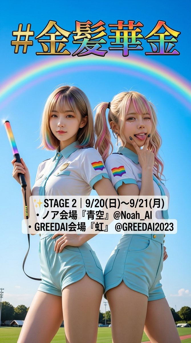 GREEDAI2023's tweet photo. 💛✨【#金髪華金 開催中】✨💛

押忍！グリードです🌈いよいよ私の出番👍

🎉本日よりSTAGE ２🎉
🌟金髪華金 × シルバーウィーク🌟

今回の #金髪華金 は
いつもよりちょっと特別な【スペシャル開催】💛✨

📅開催期間
9/18(金) 0:00〜9/25(金) 23:59

そして本日からは――

━━━━━━━━━━━━━━
💛【STAGE２ 開催中】💛

⏰ 9/20(日) 0:00〜9/21(月) 23:59

👑今回の幹事
【グリード】 × 【ノア】

✨サブテーマ✨
【グリード@GREEDAI2023】 → 『虹』←ここよ✨
【ノア@_Noah_AI_】 → 『青空』

━━━━━━━━━━━━━━

💛メインテーマはもちろん
【金髪】✨

過去作品もOK！
イラスト・リアルどちらも大歓迎🥰

さらに今回のSTAGEでは、
幹事それぞれのサブテーマもご用意しています🎨✨

🌈『虹』
🛤️『青空』

サブテーマを取り入れても、
金髪だけで参加してもOK🙆‍♀️💛

あなたの「金髪」を自由に楽しんでください✨

📸何枚投稿してもOK！
無理せず楽しく参加してね🥰

━━━━━━━━━━━━━━
🏆【PICK UP＆表彰】🏆
━━━━━━━━━━━━━━

期間中はみんなの作品を見に行きます👀✨

心に残った作品を中心に
💛RP＆コメント💛

さらに素敵な作品は
🏆【表彰】
✨【PICK UP】
としてご紹介します！

━━━━━━━━━━━━━━
⚠️【注意事項】⚠️
━━━━━━━━━━━━━━

・タグ検索しますので、投稿本文の最初の方に
　#金髪華金 を入れていただけると助かります🙏
・イベントタグを含め、タグは2つ程度を目安にお願いします。
・過度なセンシティブ表現（エロ・グロ・下着など露出多め）はご遠慮ください。
・版権・二次創作はご遠慮ください。
・検索除外や影🍞の方の作品はRP等できませんので、ご了承ください。

━━━━━━━━━━━━━━

💛✨それではSTAGE ２ スタート！✨💛

シルバーウィークを
みんなの金髪で盛り上げよう〜！🥰

たくさんのご参加、お待ちしています💛✨
そこんとこ、よろしく🤪👍