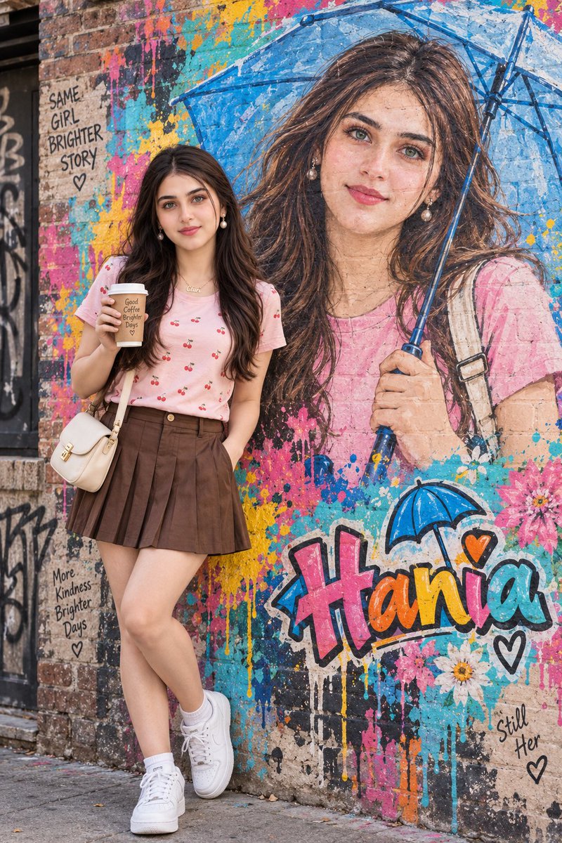 Techbyhani's tweet photo. Nano banana pro 

Prompt:
Ultra realistic cinematic photo of a young woman standing in front of a vibrant brick wall mural of herself, colorful street art twin concept.

Mural on brick wall: large artistic painted portrait of the same woman, shoulder-length wavy light brown hair, smiling, wearing pink t-shirt, pearl earrings, holding a large blue transparent umbrella, with a backpack strap visible, painterly brush stroke style, surrounded by colorful paint splatters — turquoise, pink, yellow, orange, blue, with paint drips running down the bricks. At bottom right of mural, colorful graffiti text 'Clariz' with a small blue umbrella icon above it, and painted flowers.

Real woman: same woman, shoulder-length wavy light brown hair, pearl drop earrings, delicate 'Clari' necklace, wearing light pink short-sleeve t-shirt with small red cherry print, brown pleated mini skirt, white sneakers, cream crossbody shoulder bag with gold clasp, holding a brown paper coffee cup with white lid in right hand. Smiling at camera, standing casually.

Environment: outdoor urban sidewalk corner, weathered brick wall with black graffiti tags on left side, soft daylight, concrete pavement.

Style: true to life color grading, photorealistic, DSLR 8K, ultra detailed, natural skin, same face recognizable, 9:16 vertical portrait, vibrant pop art mural, Instagram street style, colorful paint splash.
Key details for AI:
same person in real life and mural, twin pose, colorful paint splatter mural, blue umbrella prop in mural, cherry print shirt, coffee cup prop, text 'Hania' in graffiti style, brick texture overlay on mural