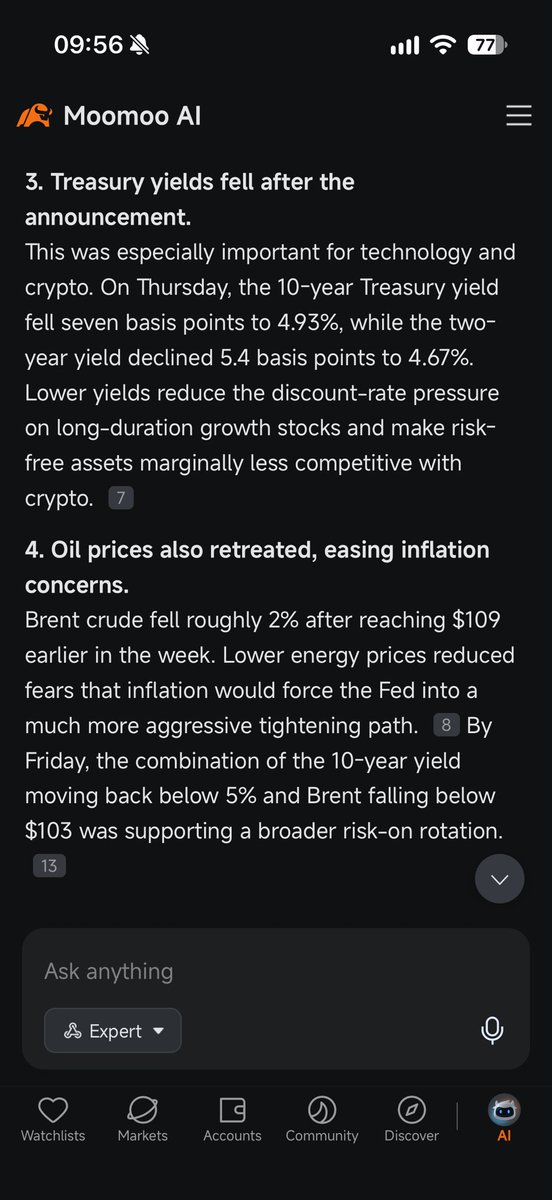 junlow29's tweet photo. I ask Moomoo AI why are all the stocks and cryptos gone up last night, it pointed out the points like treasury yields and oil prices fall to me, and also the other points to let me know the context behind this market rally.

#moomoo  #moomoooai https://t.co/X2th7RRlAH