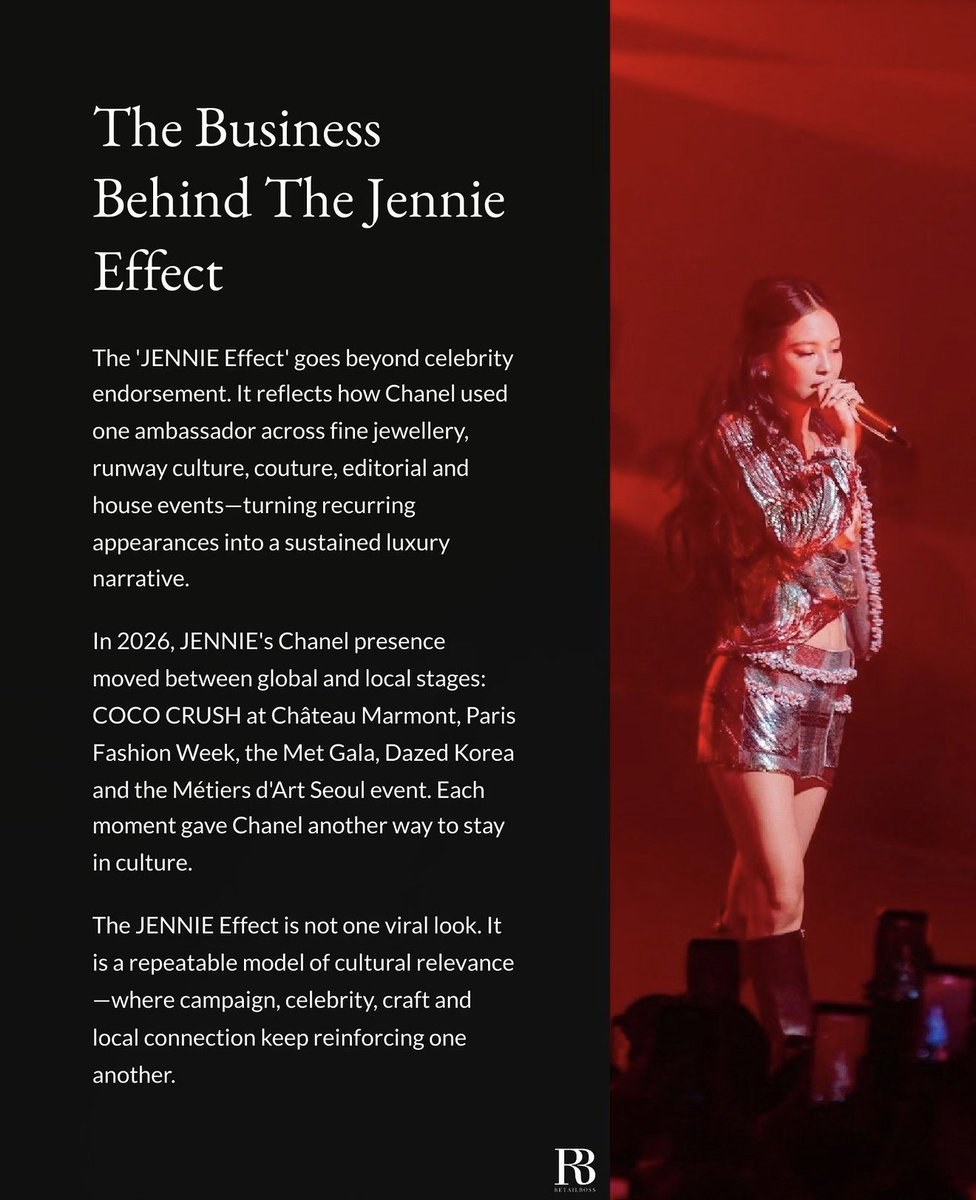 jetaimejendeuk's tweet photo. "The JENNIE Effect is not one viral look. It is a repeatable model of cultural relevance. Luxury brands do not create lasting influence through a single viral post. They create it by giving trusted cultural figures a continuous role in the brand's world." 👑 https://t.co/tV8ERZ60BV