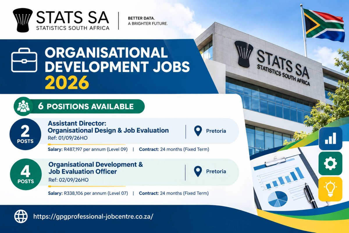 GPGVACANCIES's tweet photo. Stats SA Organisational Development Jobs 2026 

6 Pretoria posts available:
• 2 Assistant Director roles
• 4 Organisational Development &amp; Job Evaluation Officer roles
R338,106–R487,197/year
Deadline:  5 October 2026

Details: https://t.co/ahUmr8Lh3u https://t.co/kpbqf43VM8