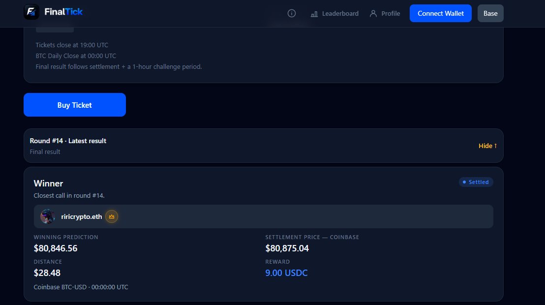Finaltick's tweet photo. Round 14 settled.

Winner: riricrypto.eth
Called $80,846.56
Coinbase close: $80,875.04
Won by $28.48
Payout: 9.00 USDC

More players = bigger daily pools
More daily play = bigger monthly rewards

The leaderboard is not decoration.
Take it seriously.👀
https://t.co/vmhRS5XJNH https://t.co/Ce7JZJL78N