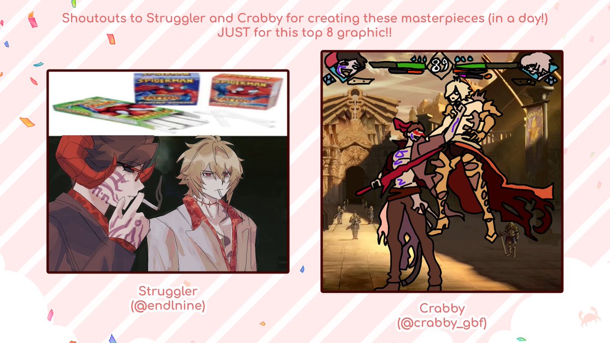 __spirall's tweet photo. Shoutouts to Struggler and Crabby who made masterpieces /just/ for this top 8 graphic :D (There wasn't enough space in the prev image) https://t.co/JjMFzqVMhp
