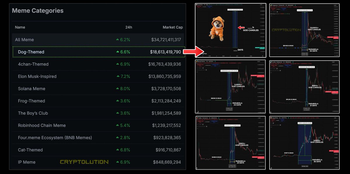 cryptolution101's tweet photo. Every dog memecoin supercycle has been faded before it happened.

Yet collectively, dog memecoins reached roughly $18B in market value, becoming the largest memecoin category.

History keeps leaving the same signal.

Don’t repeat the mistake of the 99%.

Study solana:dog1viwbb2vWDpER5FrJ4YFG6gq6XuyFohUe9TXN65u (Bitcoin).