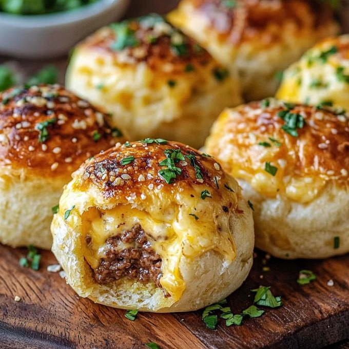 ann_ann886's tweet photo. Garlic Parmesan Cheeseburger Bombs

Servings: 12 bombs
Prep Time: 20 minutes
Cook Time: 20–22 minutes
Total Time: 45 minutes

Ingredients
For the Filling:
1 lb (450g) ground beef
1 small onion, finely diced
2 cloves garlic, minced
1 tsp Worcestershire sauce
1 tsp garlic powder
½ tsp salt
½ tsp black pepper
1½ cups shredded cheddar cheese
4 oz (115g) cream cheese, softened
For the Dough:
1 lb (450g) pizza dough (store-bought or homemade)
1 large egg, beaten (for egg wash)
For the Garlic Parmesan Topping:
3 tbsp unsalted butter, melted
3 cloves garlic, minced
¼ cup grated Parmesan
1 tbsp fresh parsley, chopped
1 tsp sesame seeds
Pinch of salt

Instructions
Cook the filling. Heat a skillet over medium-high heat. Add ground beef and onion, cooking 5–6 minutes until beef is browned. Add garlic, Worcestershire sauce, garlic powder, salt, and pepper. Cook 1 minute more. Drain excess fat if needed.
Make it cheesy. Reduce heat to low. Stir in cream cheese until melted and combined, then fold in shredded cheddar. The mixture should be thick and scoopable. Remove from heat and let cool completely — hot filling will tear the dough.
Prep the dough. Preheat oven to 375°F (190°C). Line a baking sheet with parchment. Divide pizza dough into 12 equal balls.
Stuff. Flatten each dough ball into a 4-inch round in your palm. Place about 2 tbsp of the cooled filling in the center. Pull the edges up around the filling and pinch firmly to seal completely. Roll gently into a smooth ball with the seam down.
Arrange and wash. Place seam-side down on the baking sheet, spaced 2 inches apart. Brush each bomb all over with beaten egg.
Bake. Bake 18–22 minutes until golden brown and puffed.
Make the topping. While they bake, stir melted butter, minced garlic, Parmesan, parsley, and sesame seeds together.
Finish. Remove bombs from oven and immediately brush generously with the garlic Parmesan butter. Sprinkle with extra parsley and sesame seeds. Serve warm.

Tips
Cool the filling fully before stuffing — warm filling makes the dough soggy and hard to seal.
Pinch the seams hard — any gap and cheese leaks out during baking.
Don't overstuff — 2 tbsp is the sweet spot; more and they burst.

Variations
Swap cheddar for smoked gouda or pepper jack.
Add crumbled bacon or caramelized onions into the filling.
Serve with burger sauce, ketchup, or ranch for dipping.