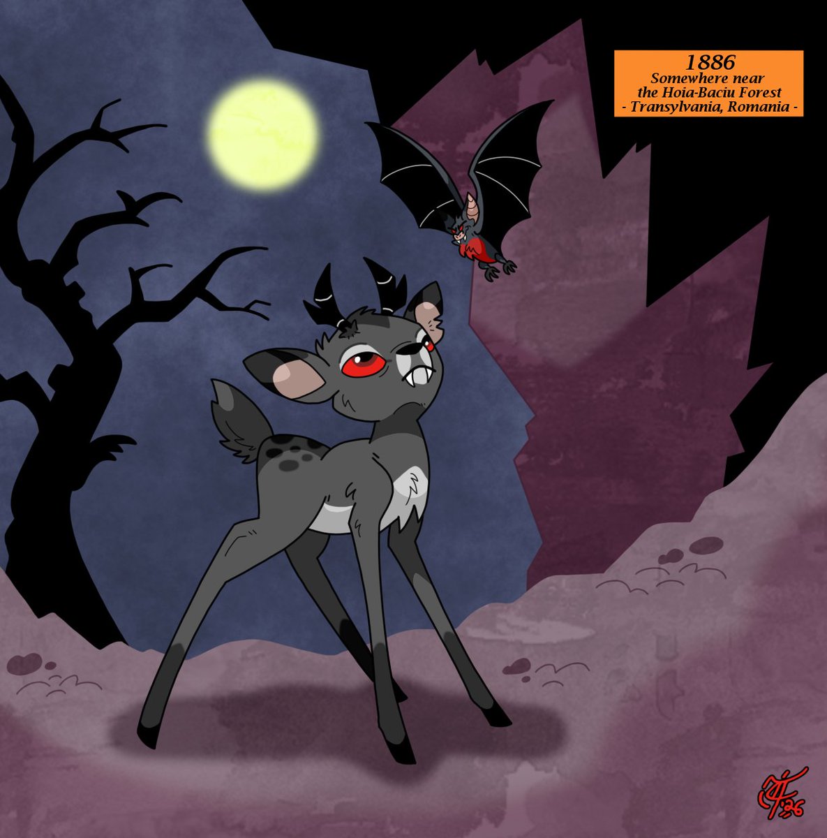 ScooterDoodles's tweet photo. A flashback to the fawnhood of my vampire deer, Stagula, when he first encountered his mentor, Radu (in bat form) 🧛🦌🦇😉 #SpookySeason2026 #Stagula #Radu #vampiredeer #fawn #vampirebat #spookyscenery #characterdesign #creaturedesign #styleexperiment https://t.co/J8CJH6utfF