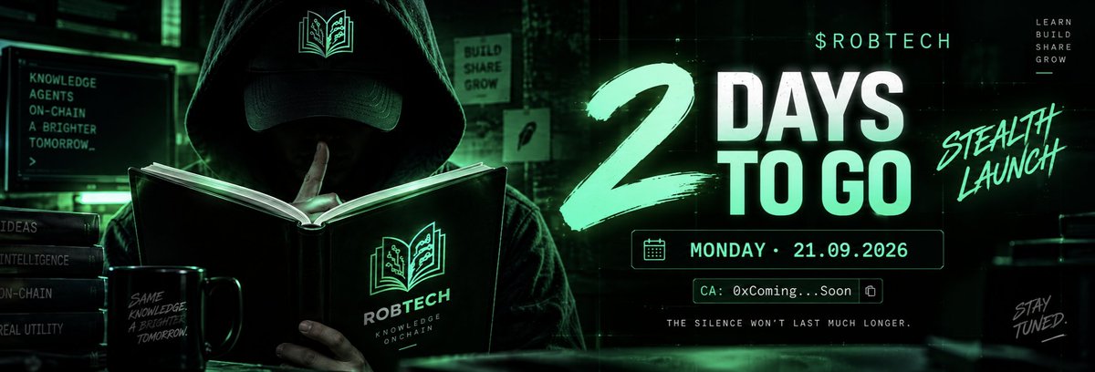 Robtechbook's tweet photo. Monday has a secret. 🤫

A contract will appear.
A book will open.
And the first block will tell the rest.

Until then, nothing more.
09.21.26 🟢

$ROBTECH https://t.co/z8l8QRNwwd