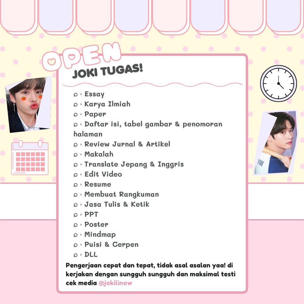 kalgukjjoki's tweet photo. Jasa Joki Tugas 📚

Tulis, Poster, Ketik, Rangkum Resume, Analisis Film, Ospek, Studi Kasus, CV, Makalah, Jurnal, Infografis, Parafrase, PPT, Review Jurnal, Transkrip Audio Video, Paper, KTI Karya Tulis Ilmiah, Laporan Magang Praktikum, Motivation Letter #ZonaBA #zonauangㅤ https://t.co/nOLhknCbnS