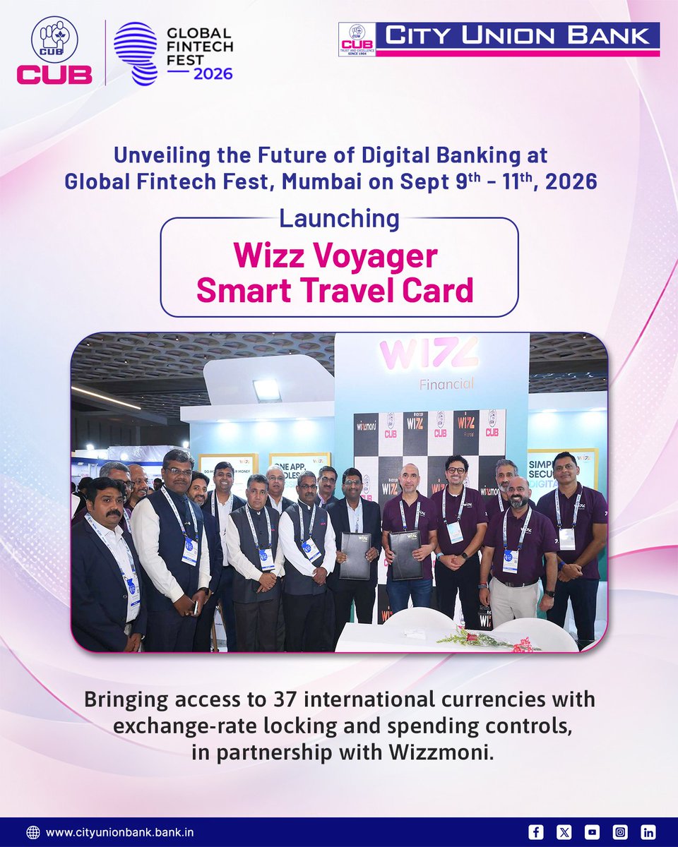 cubltd's tweet photo. City Union Bank has launched 12 technology-driven products and solutions as part of Global Fintech Fest 2026. 

From Wizz Voyager, a smart travel card supporting 37 currencies, 
to innovative digital payment solutions in collaboration with Mastercard, and 
CUB Sreshta, a premium RuPay Credit Card in collaboration with NPCI—each launch brings a smarter, simpler and more seamless banking experience.

#CUB #CityUnionBank #GFF2026 #GlobalFintechFest #DigitalBanking #Fintech #Innovation #mastercard #rupay #wizzmoni