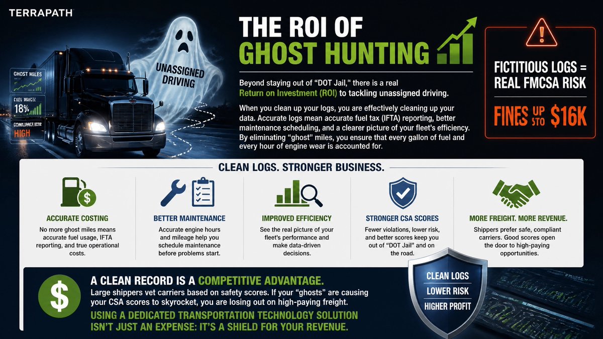 TERRAPATHTECH's tweet photo. Ghost logs aren’t spooky: they’re expensive. Fictitious logs can trigger FMCSA fines up to $16K. Terrapath helps verify every mile. Message us for info. #FleetSafety #ELD #DOTCompliance https://t.co/K9iEVkUTsF