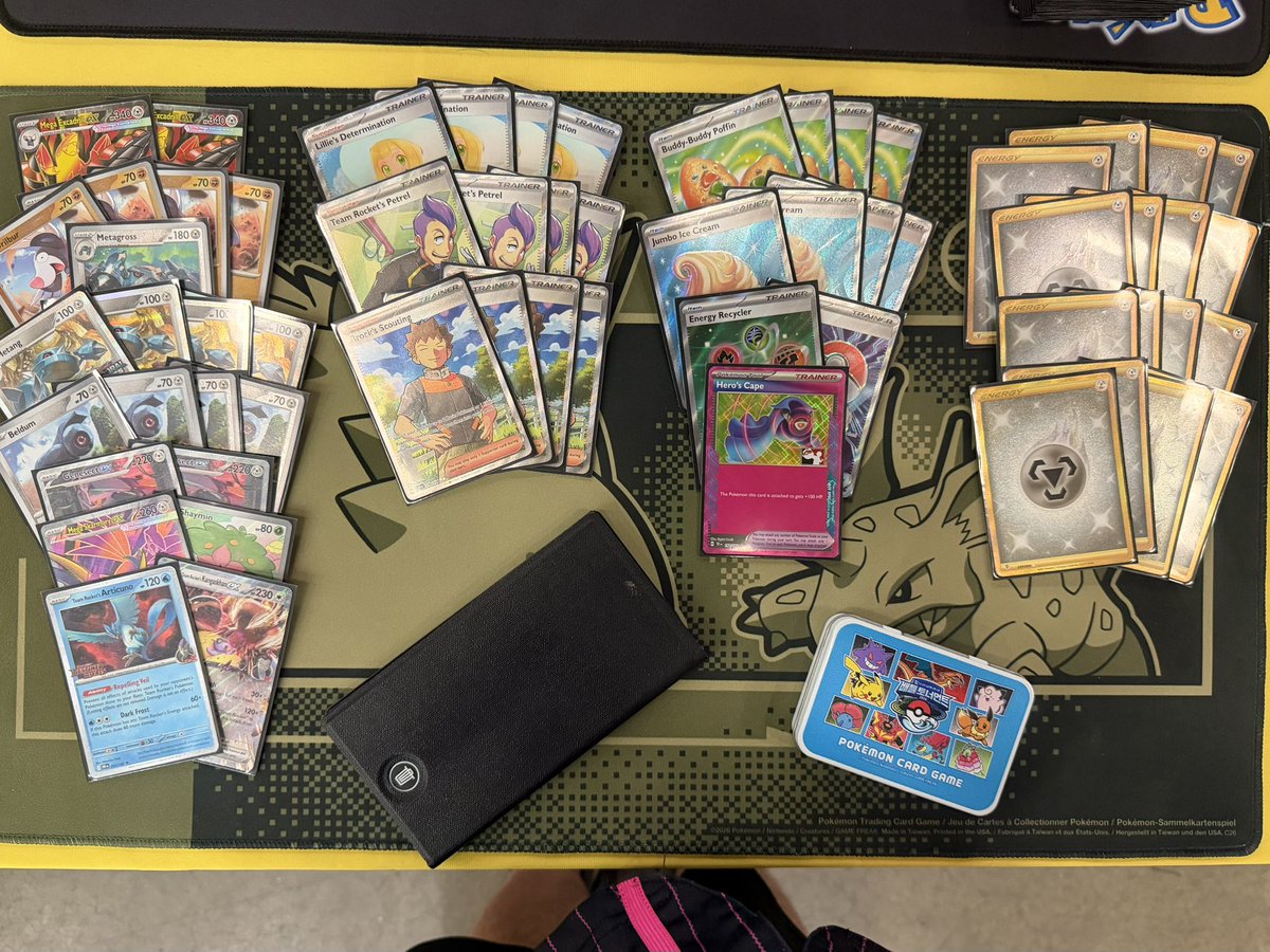 ZachLesagePTCG's tweet photo. Here is the 60 that I’m playing tmmr in Baltimore. No need to keep my list secret - I trust my process! SHOUTOUT BIG DRILLIE FRFR 🤘

It’s all up to matchup roulette, and praying for good metal makers 🤞

Repping @kayfabecardsllc and @ElementSleeves tmmr 🤩 https://t.co/9M51eXlKsL