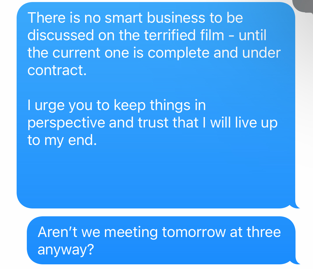 LordZane's tweet photo. Just found a text from Edsel Dope / Xer0 saying I wasn't under contract for "Evil Disco" and he also acknowledges my film. The working title at the time was "Tera-fied".

I never signed a contract. This full text exchange will be going over to their lawyers during discovery. https://t.co/pHlTVGPlH4