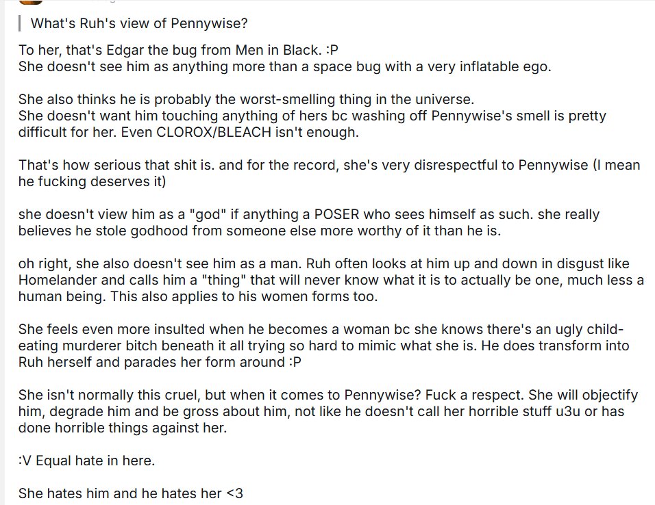 _DancingDaddy's tweet photo. 👁️👄👁️
For those who don't know, Ruh isn't a monsterfucker at all and she genuinely hates Pennywise uwu. Oh dear, how problematic indeed~

Like me and her don't get along too well but teasing her is so much fun ewe https://t.co/D1kUxxiEOt