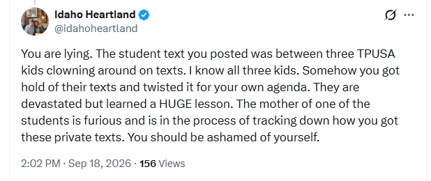 BlakeSNeff's tweet photo. In a shocking development everything Candace said about yesterday's event in Idaho was full of lies and distortions. Her agenda is highly transparent and people should stop falling for it. https://t.co/kgw2yTAy1n