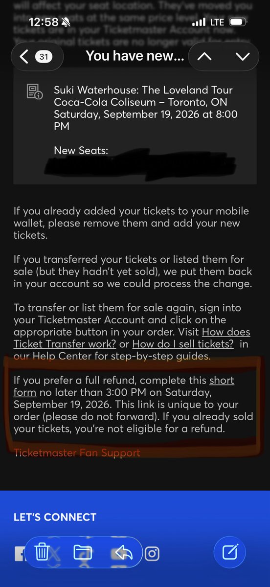 saverio_bruno's tweet photo. @LiveNationON Got a response from @TMFanSupport saying I don’t qualify for a refund even though they sent me this after they changed my seats for tomorrow’s @sukiwaterhouse concert for new seats I don’t want. They’re quoting terms which is irrelevant cause of this note. REFUND https://t.co/cxhHn1DveS
