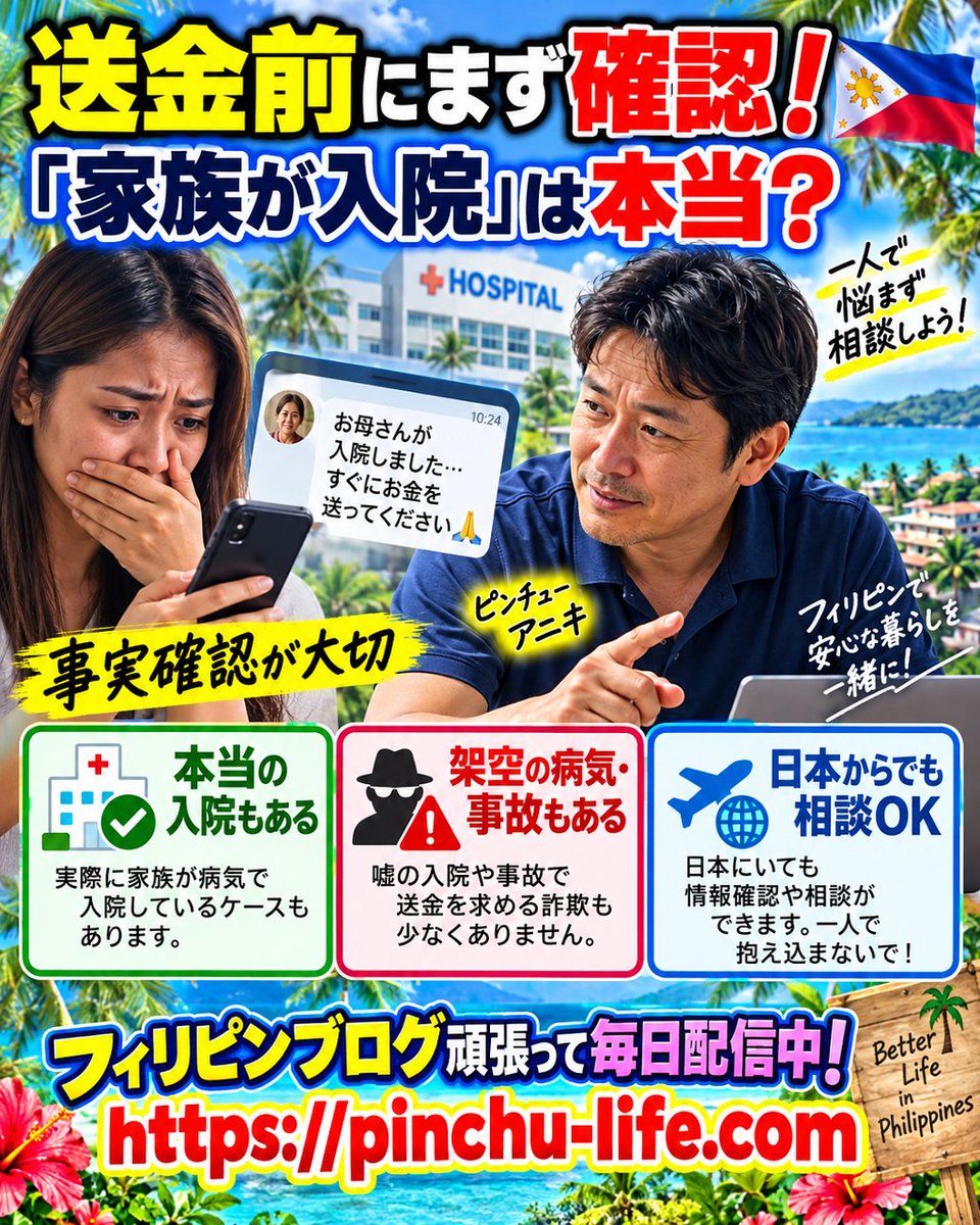 PinchuJapan's tweet photo. 「家族が入院したから送金して」という連絡、すぐに判断しなくて大丈夫。フィリピンでは家族を思う気持ちからの依頼も本当にあれば、架空の病気・事故を使った金銭要求も存在。送金前に事実を確認したいというご相談は、日本からでもピンチューアニキが受け付けています。
#フィリピン#送金調査 https://t.co/UQ5fCp19Oe