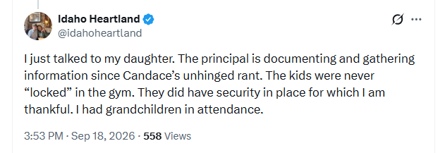 BlakeSNeff's tweet photo. In a shocking development everything Candace said about yesterday's event in Idaho was full of lies and distortions. Her agenda is highly transparent and people should stop falling for it. https://t.co/kgw2yTAy1n