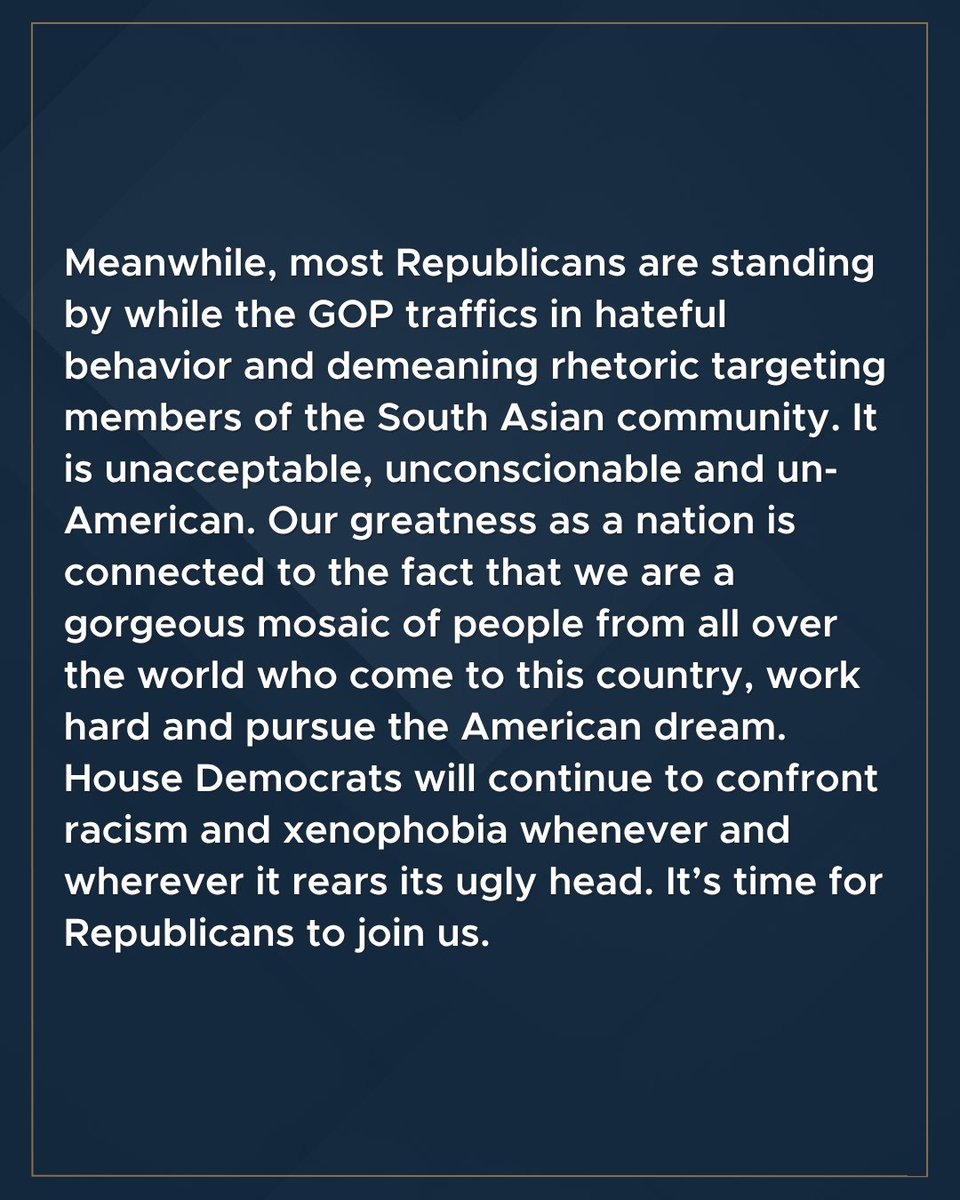RepJeffries's tweet photo. My statement addressing the rise of hate targeting the South Asian community in America. https://t.co/muhU93Hts0