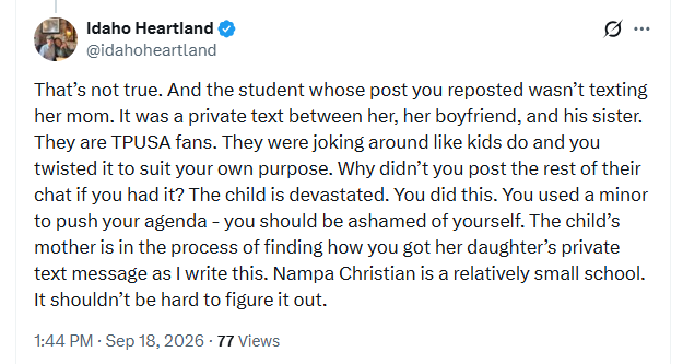 BlakeSNeff's tweet photo. In a shocking development everything Candace said about yesterday's event in Idaho was full of lies and distortions. Her agenda is highly transparent and people should stop falling for it. https://t.co/kgw2yTAy1n