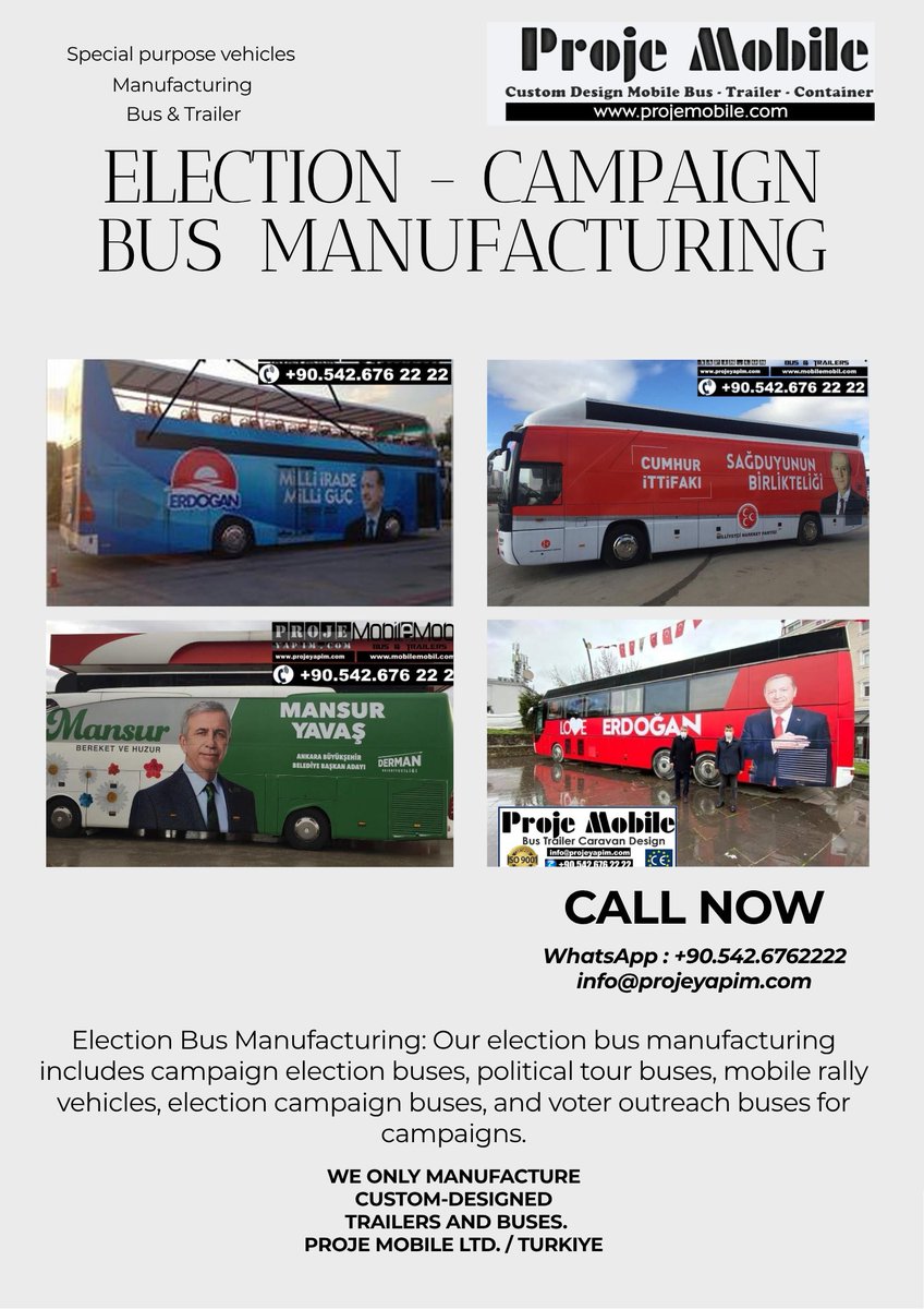 projemobile's tweet photo. custom Election Campaign Bus unit vehicle bus coach trailer manufacturer buy / for 
sale
Proje Mobile manufactures election campaign buses in Turkey. Stage, sound, LED, and work 
areas are combined on one platform. It is among the world’s best manufacturers of campaign 
vehicles. 
#campaignbus #electioncampaignbus #battlebus #politicalcampaign #rallybus