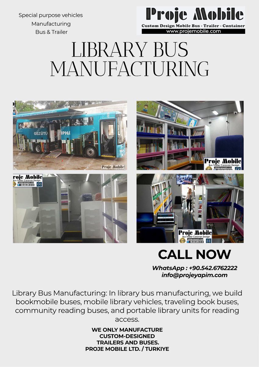 projemobile's tweet photo. custom Library Bus unit vehicle bus coach trailer manufacturer buy / for sale
Proje Mobile manufactures library buses in Turkey. Shelving, seating, and digital-access areas 
are built to requirement. It is a leading global manufacturer of bookmobiles. 
#bookmobile #mobilelibrary #librarybus #travelinglibrary #bookbus
