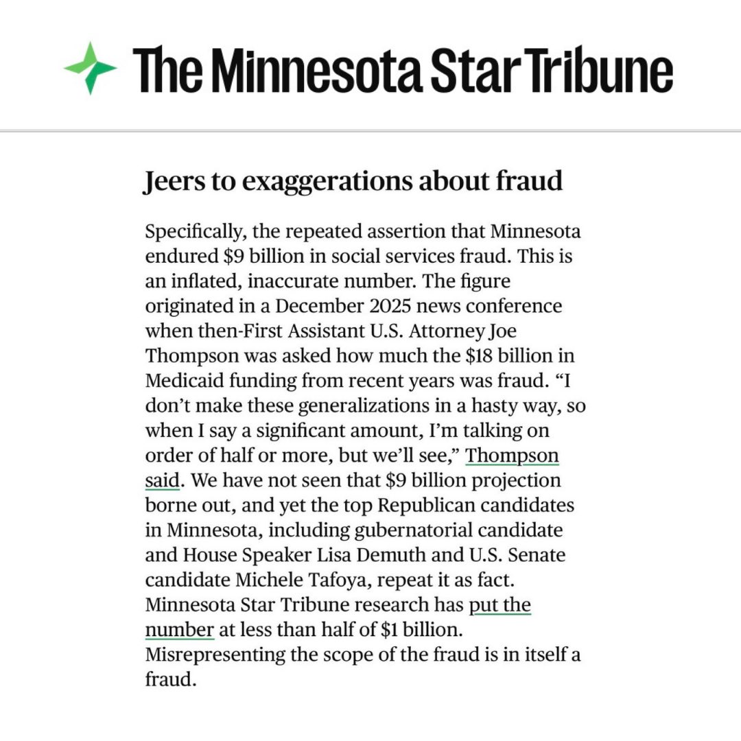 GrageDustin's tweet photo. The Minnesota Star Tribune is really mad that people keep accurately pointing out that Minnesota’s fraud exceeds $9 billion.

Someone’s getting nervous about November. https://t.co/wAZEWoQFWW