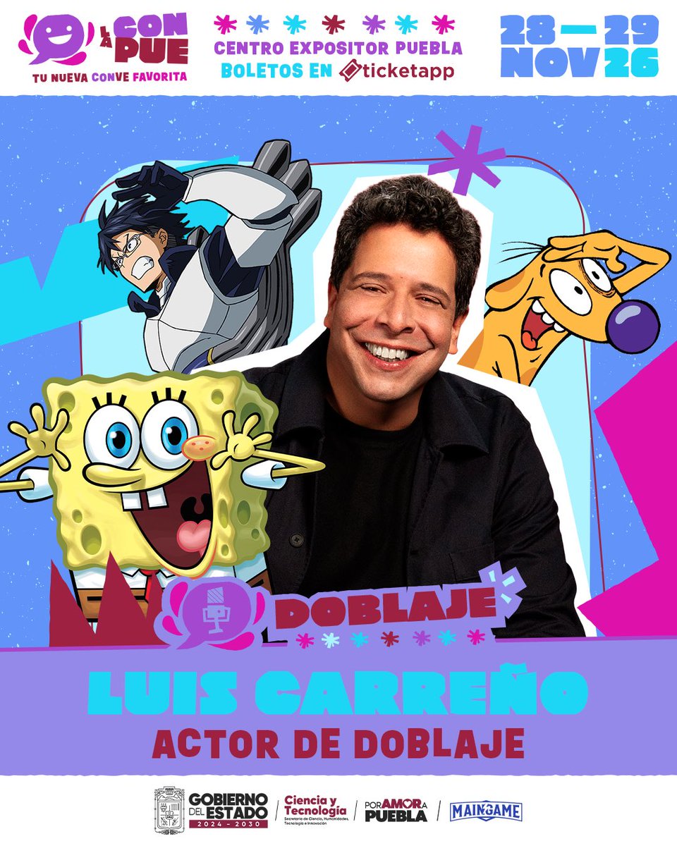 LaConPue's tweet photo. ¿¡Están listos, chicos!? 🍍🧽🎙️

¡De fondo del Bikini a La ConPue! 

Recibimos a LUIS CARREÑO, la voz de Bob Esponja y muchos más personajes icónicos, ven y revive con nosotros grandes momentos que marcaron nuestra infancia. ✨

📅 28 y 29 de noviembre https://t.co/FPqJOYbglu