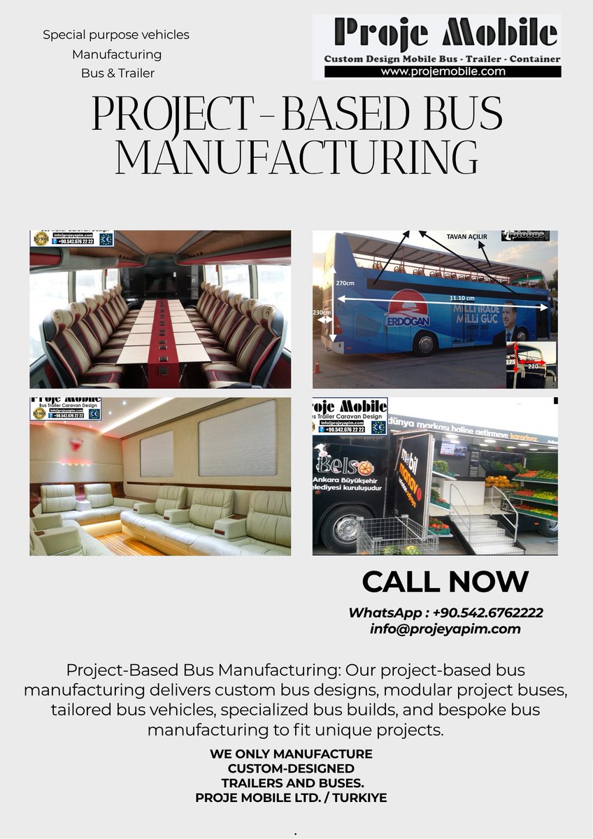projemobile's tweet photo. custom Project-Based Bus unit vehicle bus coach trailer manufacturer buy / for sale
Proje Mobile manufactures project-based buses in Turkey. Every vehicle is custom-built from 

#custombusconversion #specialtymanufacturer #purposebuiltbus #customcoachbuilder https://t.co/ZqXRgEQuQF
