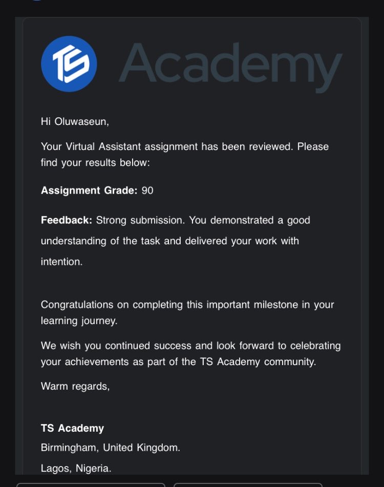 yourfavvmuse's tweet photo. My Virtual Assistant learning journey with @TechSphereAcad has really been such a great experience so far. I’ve learned a lot and also tried out new tools.
Anddd I got 90/100 on my assignment! 🥹
Thank you to my tutor @theglobalmarvie and @TechSphereAcad for the solid guidance. https://t.co/55wHFeB492