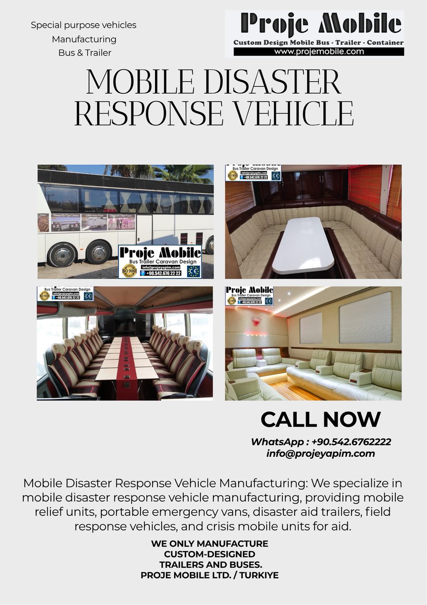 projemobile's tweet photo. custom Mobile Disaster Response unit vehicle bus coach trailer manufacturer buy / 
for sale
Proje Mobile manufactures disaster-response units in Turkey. Command, medical, and 
logistics sections are combined on one platform. It is a leading global manufacturer of disaster 
vehicles. 
#disasterresponse #emergencyresponsetrailer #disasterrelieftruck #mobileemergencyunit