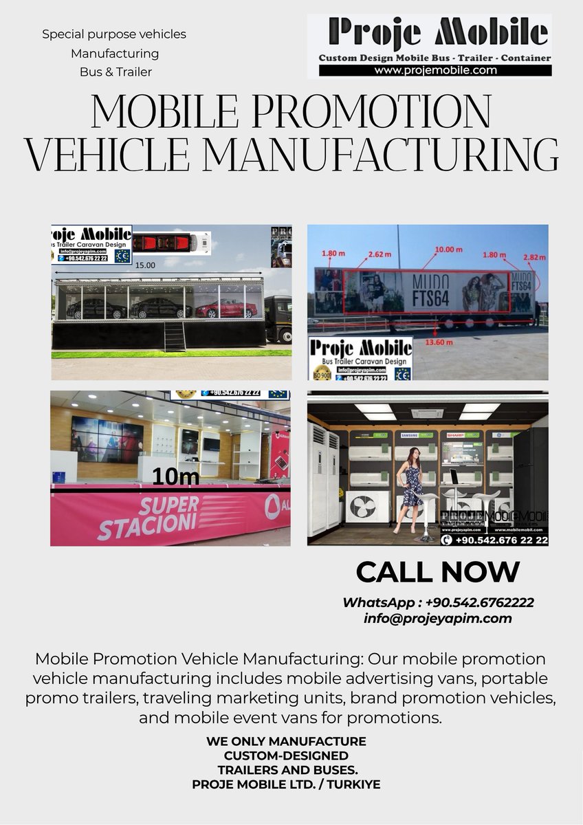 projemobile's tweet photo. custom Mobile Promotion unit vehicle bus coach trailer manufacturer buy / for sale
Proje Mobile manufactures promotion units in Turkey. Brand experience, LED, and sampling 
areas are integrated into the vehicle. It is among the world’s best manufacturers of mobile 
promotion units. 
#promo #brandactivationtruck #experientialmarketing #roadshowtruck