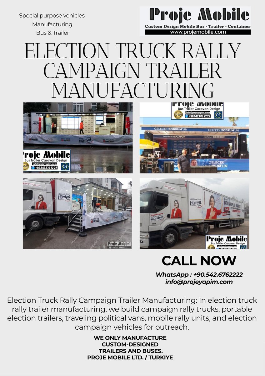 projemobile's tweet photo. custom Election Rally Trailer unit vehicle bus coach trailer manufacturer buy / for 
sale
Proje Mobile manufactures rally trailers in Turkey. Expanding stages, audio, and LED 
systems are completed at the factory. It is a leading global manufacturer of election stage 
trailers. 
#campaigntrailer #rallystagetrailer #electionstagetruck #politicalroadshowtrailer