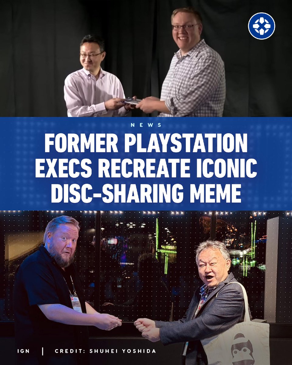 IGN's tweet photo. Former PlayStation executives Shuhei Yoshida and Adam Boyes reconnected at Tokyo Game Show and recreated the infamous instructional video where they showed how to share games on PS4. https://t.co/p4zZumfy7r https://t.co/KwQOYkdMJz