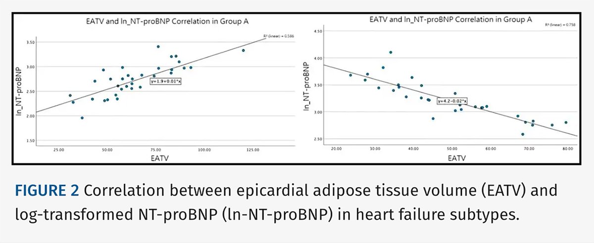 JTIJournal's tweet photo. 🫀New in #JTI: Epicardial adipose tissue on #yescct differs across heart failure subtypes

▪️HFpEF: ↑ EAT volume, positively correlated w NT-proBNP ▪️HFmrEF/HFrEF: ↓ EAT volume, inversely correlated w NT-proBNP ▪️Both: ↑ EAT attenuation correlated w CRP

Article 🔗 in reply! https://t.co/XIlZJo9KZ2