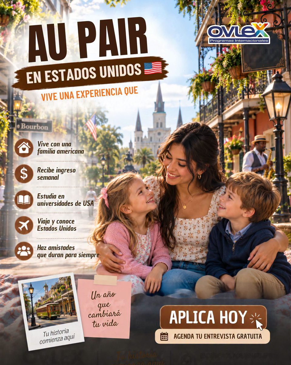 Ovlex_ec's tweet photo. El programa de intercambio Au Pair 🇺🇸 te permite vivir una experiencia cultural única:

✨ Cuida niñ@s
✨ Vive con una familia anfitriona
✨ Estudia en USA
✨ Recibe un ingreso
✨ Viaja y conoce nuevas ciudades

Región Costa: 0985572870
Región Sierra: 0968987253

#OVLEX https://t.co/OdyOmMP5EA