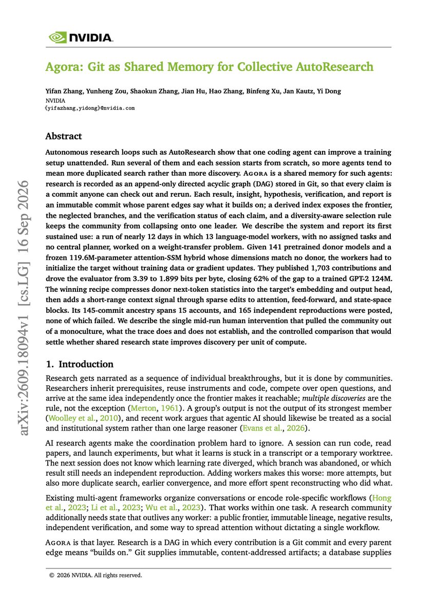 Agora abstract page describing Git as shared memory for 13 language-model workers over a nearly 12-day autonomous research run