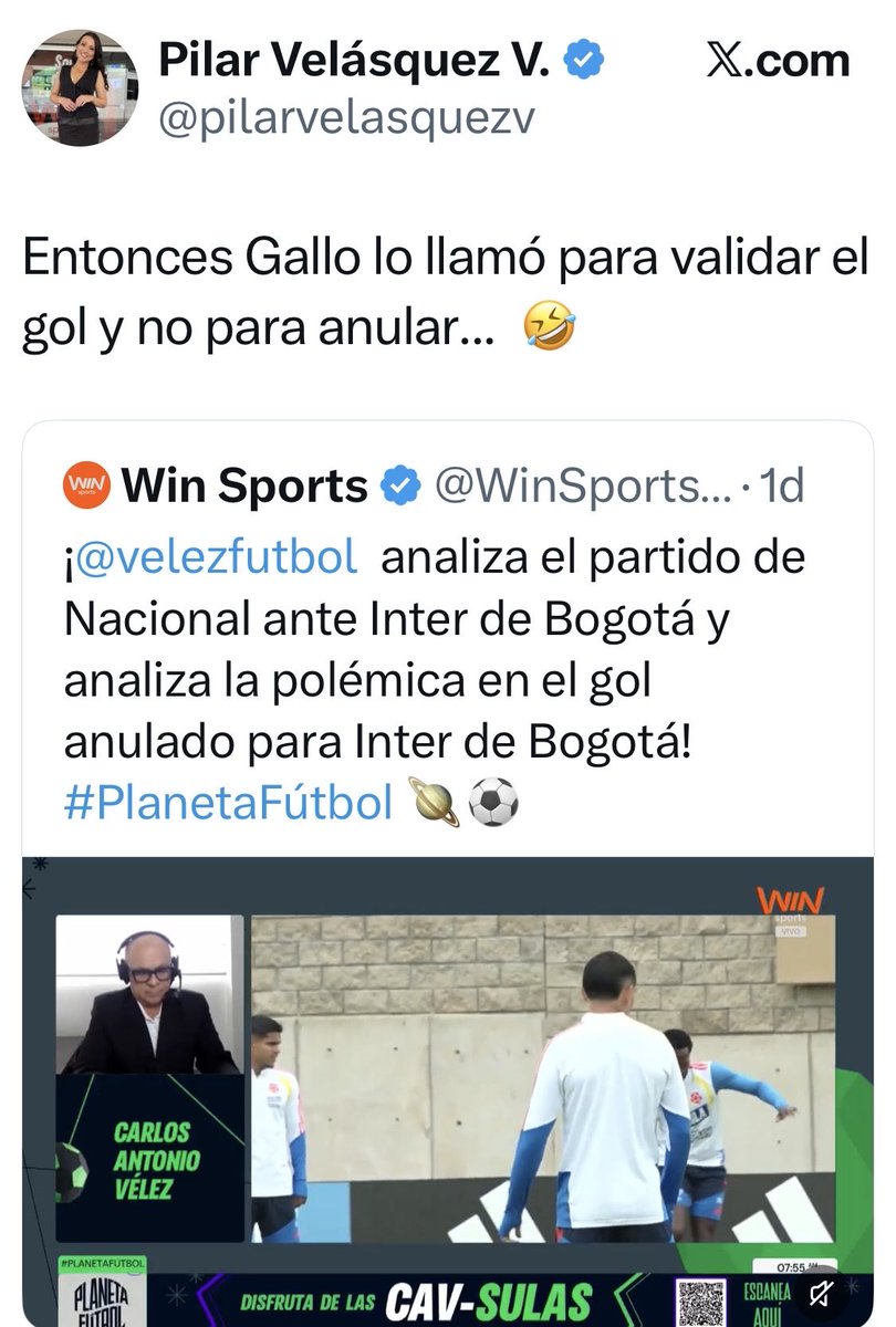 Leoabernal's tweet photo. Que curioso la señora @pilarvelasquezv decía hace dos días que “Gallo había llamado para validar el gol” pero acá Gallo  en este audio llama para anularlo .

En 2024 ella fue una de las que insinuó que a Millos lo favorecían por la presencia de Falcao.

EL GALLO, YA cantó https://t.co/yRAY6BwjYZ