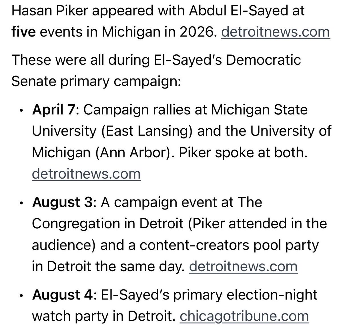 JoshKraushaar's tweet photo. Fact check: Abdul El-Sayed, in his Morning Joe appearance this morning, said he only appeared with Hasan Piker once during the primary campaign. 

Reality is that he was at five different events with Piker — and during two different time frames (April and August). https://t.co/QewylwICdu