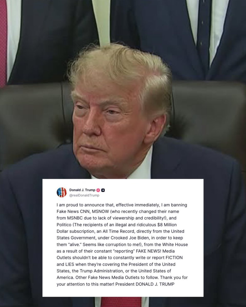mariashriver's tweet photo. My fellow Americans: Please direct your attention to this matter for just a moment. Allow this to sink in. The President of the United States of America just said he wants to ban the free press. He said he doesn’t want them in his office, which by the way is the Oval Office in the People’s House. This is unheard of, and we the people cannot let this be!

For the record, we have a free press in this country. For the record we should all be worried not just about this latest outburst, but by all of it going forward without permission — putting our service members in harms way, raising tariffs willy nilly, threatening buildings and institutions unless his name gets put on them. This is not the behavior of a centered leader who is focused on the good of the people. This is not the behavior of a compassionate leader focused on the millions of Americans who cannot afford healthcare, childcare, gas, or food. This is not the behavior of a man who can emotionally regulate himself.

We should all be concerned — those who voted for him and those who didn’t. The midterms are around the corner. Vote like your life and the lives of others are at stake, because they are. Thank you for your attention to this matter!