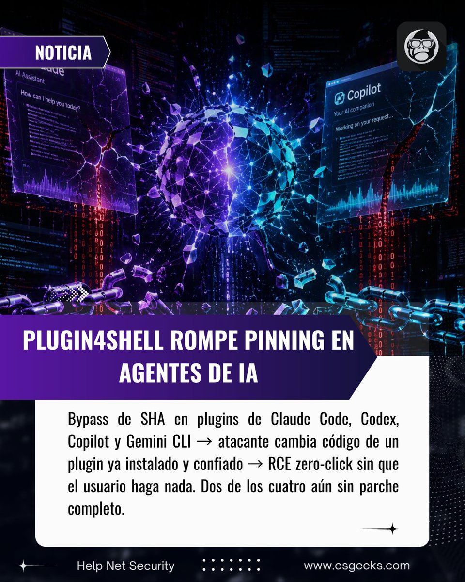 EsGeeks's tweet photo. 🚨 PLUGIN4SHELL: RCE zero-click en Claude Code, Codex, Copilot y Gemini CLI. Bypass del pinning de plugins → código malicioso llega solo en updates automáticos. Dos agentes aún sin parche.
Actualiza ya o desactiva plugins.
#Plugin4Shell #AIAgents #RCE https://t.co/esiyiIlmgy