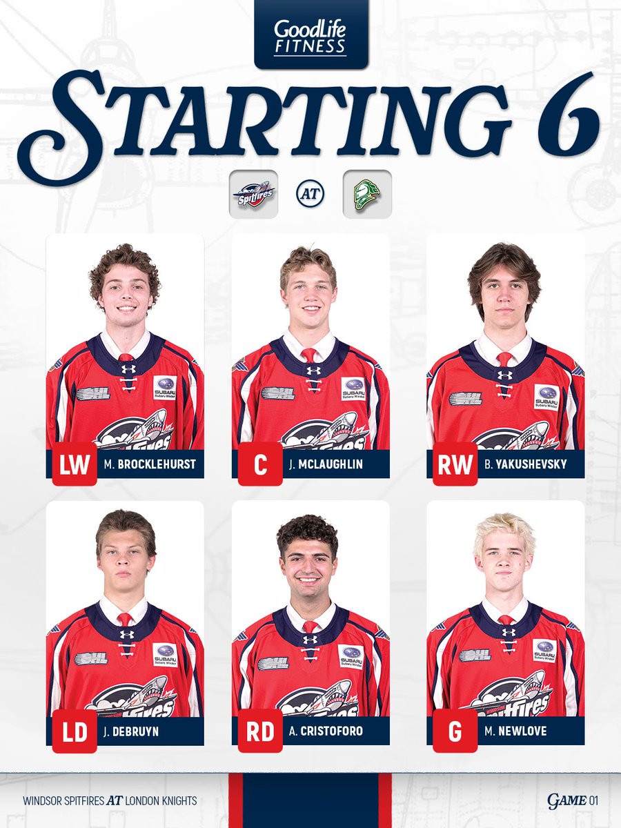 SpitsHockey's tweet photo. Starting 6️⃣

#WindsorSpitfires #BuiltforFlight @GoodLifeFitness https://t.co/DSOE2quUcq