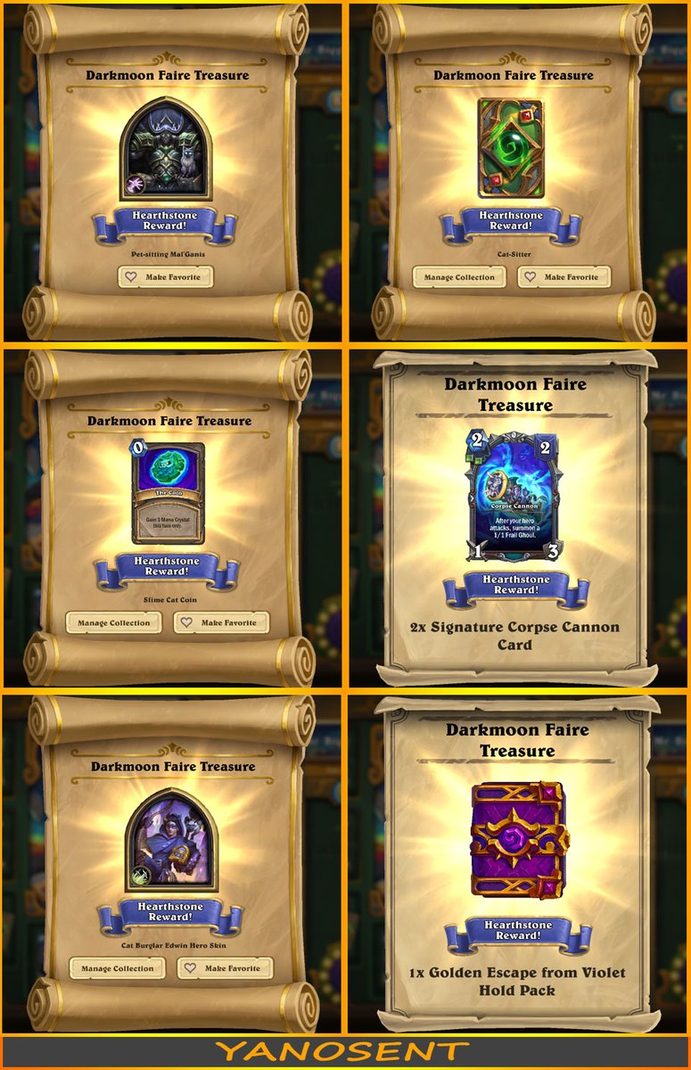 yanosent's tweet photo. A fantastic opening: Warlock Skin + Card Back, Cat Coin, Common card, Rogue Skin, and a Golden Pack—simply epic. 
#hearthstone #tavernbrawl #darkmoonfaire #darkmoon #faire #rewards #hearthstonereward #epic https://t.co/wjzfvq0Ns2