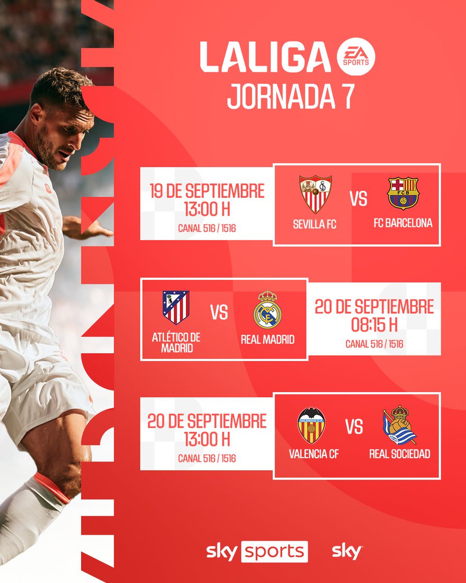 skymexico's tweet photo. El derbi de Madrid y un Sevilla vs. Barça nos esperan en la jornada 7 de #LALIGAEASPORTS. ⚽️​

¡Mira lo mejor del futbol español a través de #SkySportsMx! 📺​

#MiEntretenimientoEnSky #Deportes #LALIGA https://t.co/GOLFLOARGJ