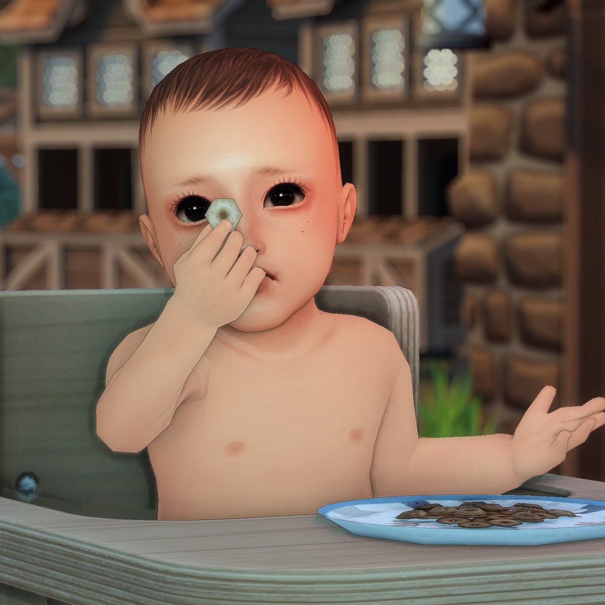 notsolety's tweet photo. im using my poetic license to make my bald medieval baby (Melinda) eat finger foods bc i wanted showcase my mod (again) https://t.co/owMbMBbEwl