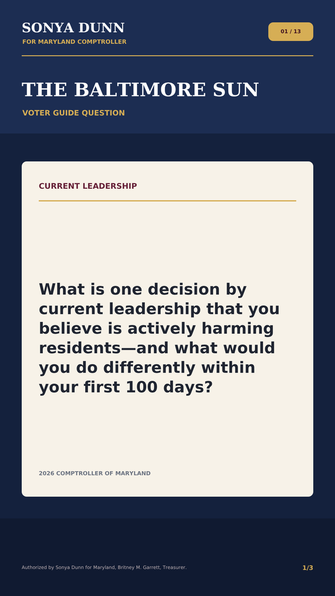 votesonyadunn's tweet photo. Here’s Question One from The Baltimore Sun’s 2026 Maryland Comptroller voter guide.

Swipe to read my full response and see how Brooke Lierman and I responded.

Authorized by Sonya Dunn for Maryland, Britney M. Garrett, Treasurer. https://t.co/vnzSAADTsB