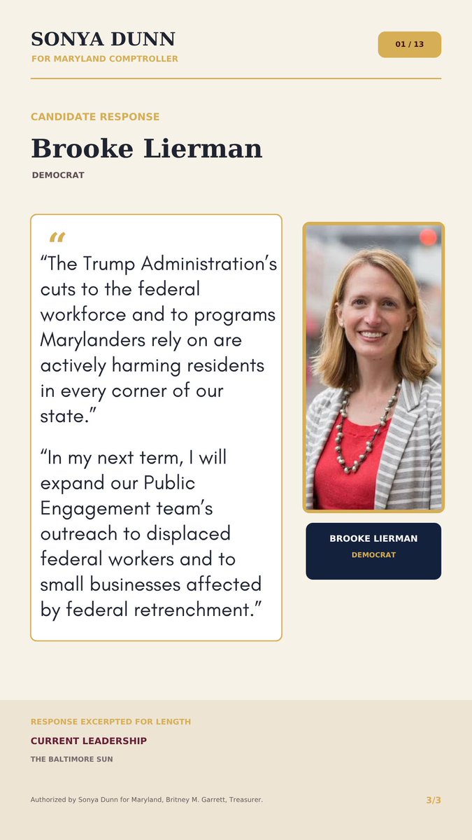 votesonyadunn's tweet photo. Here’s Question One from The Baltimore Sun’s 2026 Maryland Comptroller voter guide.

Swipe to read my full response and see how Brooke Lierman and I responded.

Authorized by Sonya Dunn for Maryland, Britney M. Garrett, Treasurer. https://t.co/vnzSAADTsB