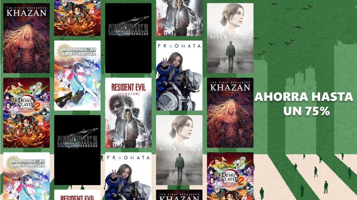 Imagen promocional de una venta de videojuegos inspirada en Tokyo Game Show. Se muestran portadas de títulos como The First Berserker: Khazan, Final Fantasy VII Remake Intergrade, Pragmata, Silent Hill 2, Resident Evil Requiem, Demon Slayer y Digimon Story Time Stranger. A la derecha aparece el texto: “AHORRA HASTA UN 75%”.
