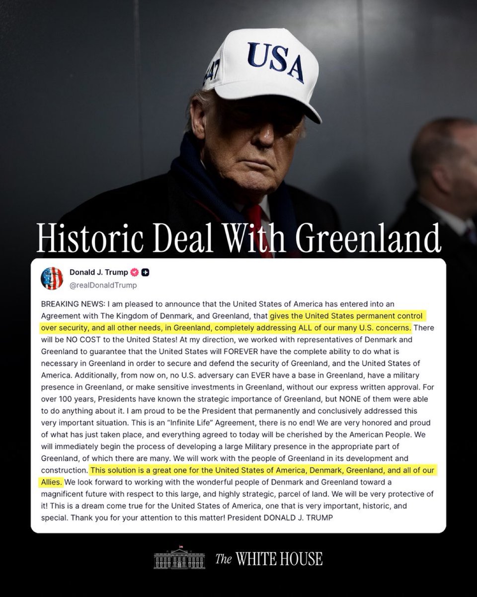 LibertyLeds99's tweet photo. BREAKING: President Donald J. Trump announces complete and permanent American security control over Greenland, and excludes any adversary from Greenland and the surrounding region. https://t.co/ojg6gWswW8